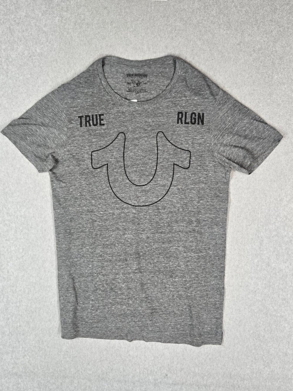True Religion Men Shirt S Gray Horseshoe Spellout Logo Graphic Print Crew Neck‎